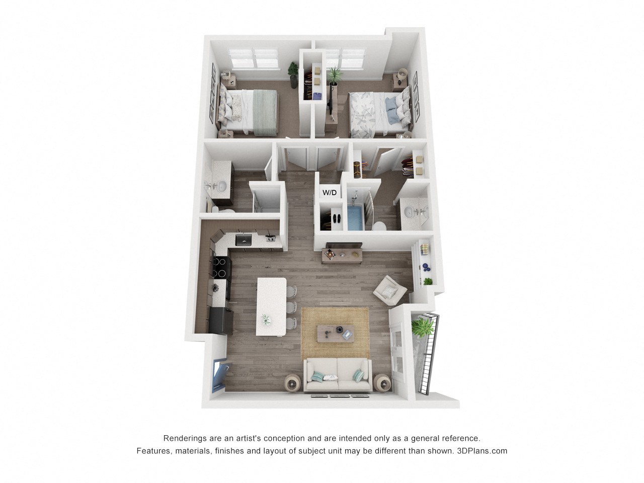 Floor plan for 2 beds, 2 baths, 942 sqft